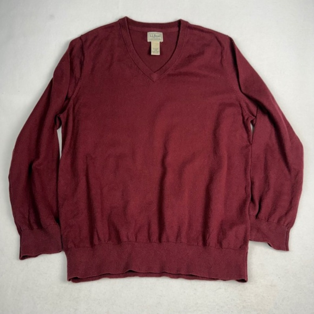 LL‎ Bean Mens V-Neck Sweater Burgundy Cotton Cashmere Blend L-REG 274603